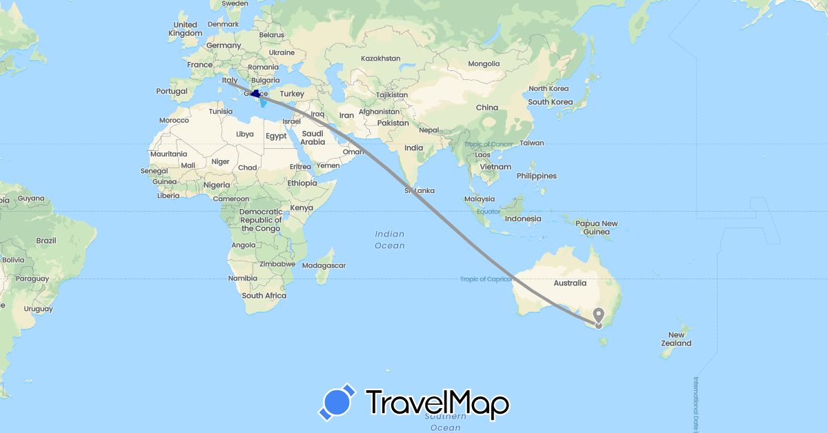 TravelMap itinerary: driving, plane, boat in United Arab Emirates, Australia, Greece, Italy (Asia, Europe, Oceania)